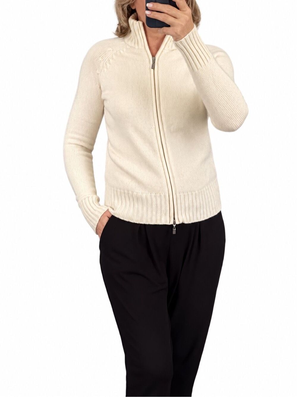 Lord & Taylor Washable 2-Ply Cashmere Full Zip Sweater Petite M Cream